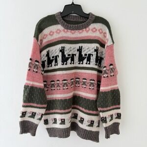 Llama Fair Isle Sweater Womens Pink Green Whimsical Cozy Knit L Boho Indie